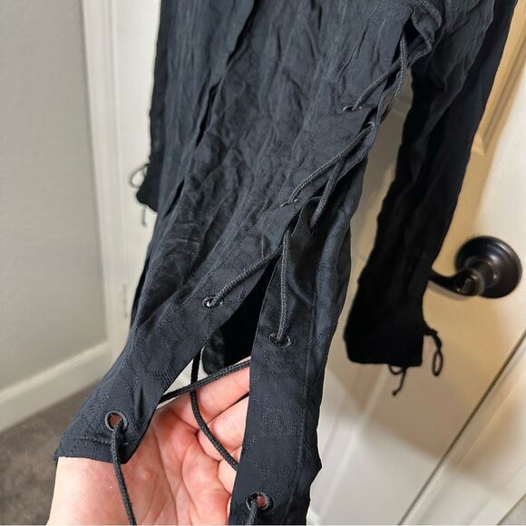 Savage X Fenty Black Lace Up Sides Voile Monogram Button Down Sleep Shirt Sz XS - Picture 5 of 7